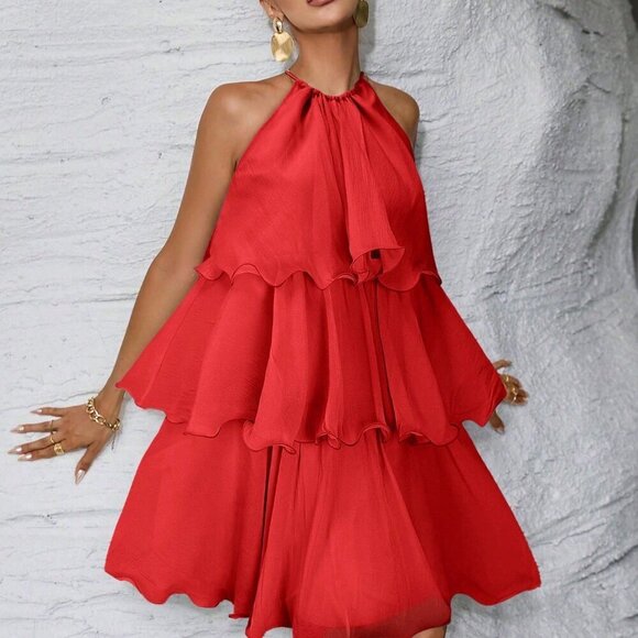 Red Casual Women's ruffled teired haltered mini Dress - Picture 3 of 6